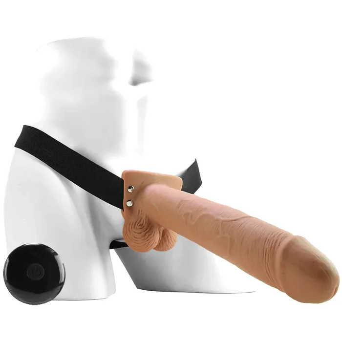 10 Inch Hollow Vibrating Strap-On with Remote in Tan