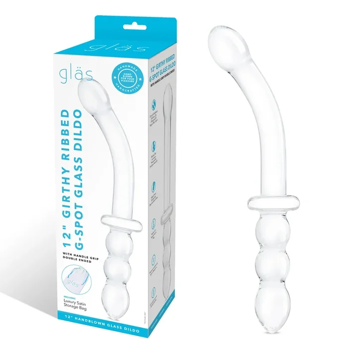 12″ Girthy Ribbed G-Spot Glass Dildo With Handle Grip Double Ended