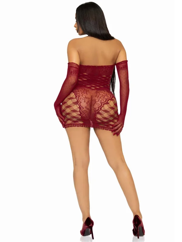2 Pc Hardcore Net Tube Dress With Gloves – One Size – Burgundy