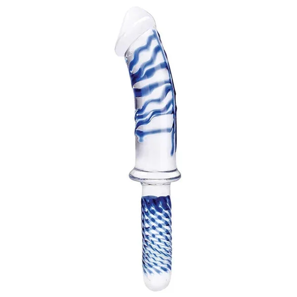 Blue Stripe Clear Glass Dildo with Handle