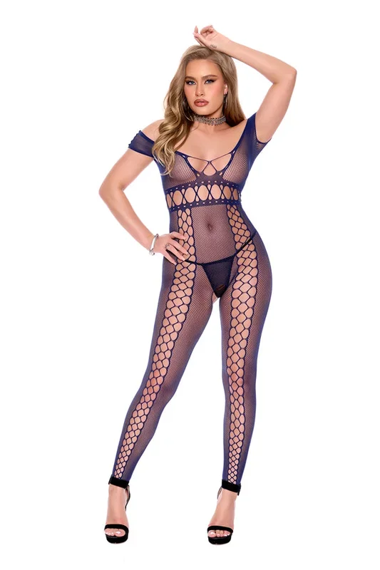 Crochet Net Footless Bodystocking with Cap Sleeves, Open Crotch – Midnight Blue – Os