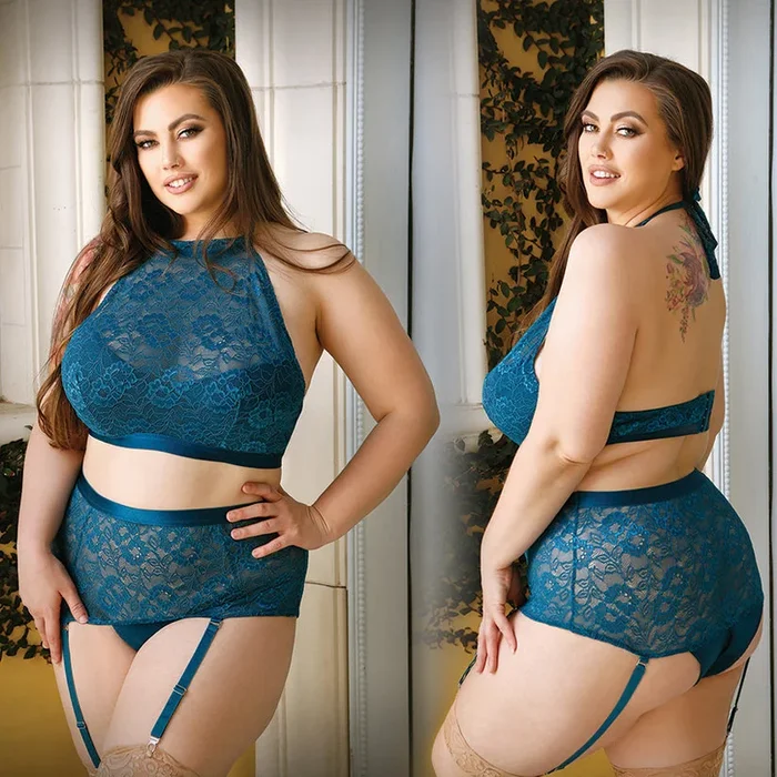 Fantasy Lingerie Shay Lace Bra Top & Crotchless Panty-Teal 1X/2X