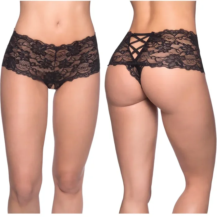 Goodnight Kiss Lace Crotchless Boyshort-Black S/M