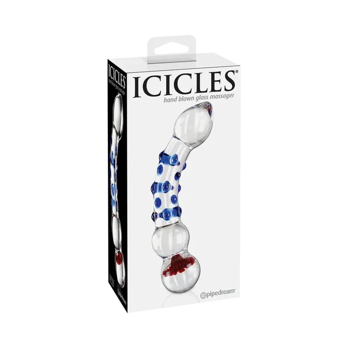 Icicles No. 18 Curved Textured 7.5 inches Glass Dildo Blue/Red/Clear