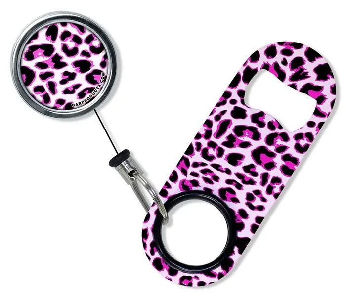 Kolorcoat™ Mini Bottle Opener with Retractable Reel – Pink Cheetah