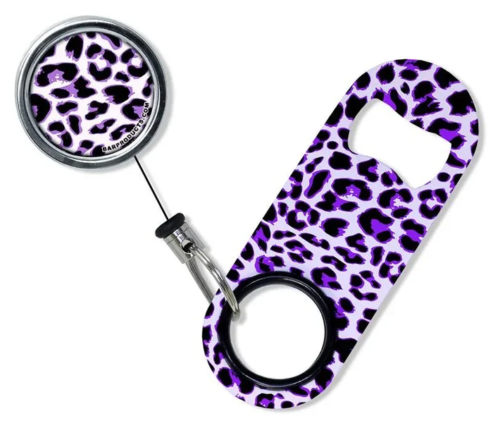 Kolorcoat™ Mini Bottle Opener with Retractable Reel – Purple Cheetah