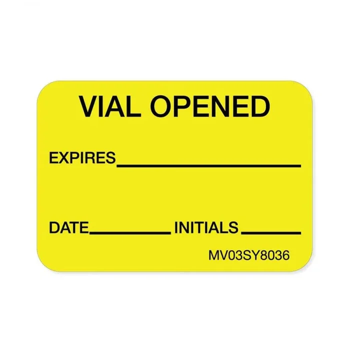 Lab Communication Label (Paper, Permanent) Vial Opened Expires 1 7/16″ X 1 Yellow – 666 Per Roll