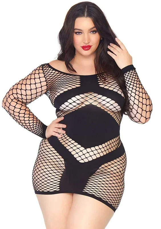 Leg Avenue Diamond Net Long Sleeved Mini Dress with Opaque Panel Accents