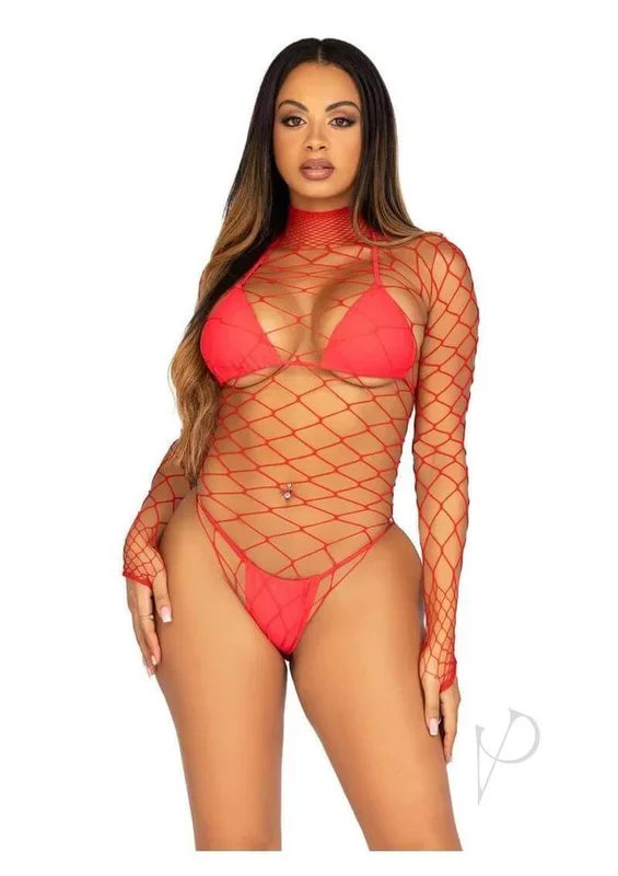 Leg Avenue Fence Net Snap Crotch Long Sleeved Bodysuit – O/S – Red