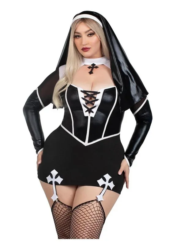 Leg Avenue Holy Hottie Set Boned Garter Dress with Cross Accents and Nun Habit (2 Piece) – 1x/2x