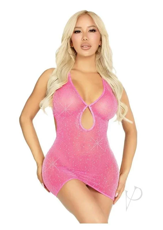 Leg Avenue Shimmer Sheer Lurex Rhinestone Halter Dress Pink