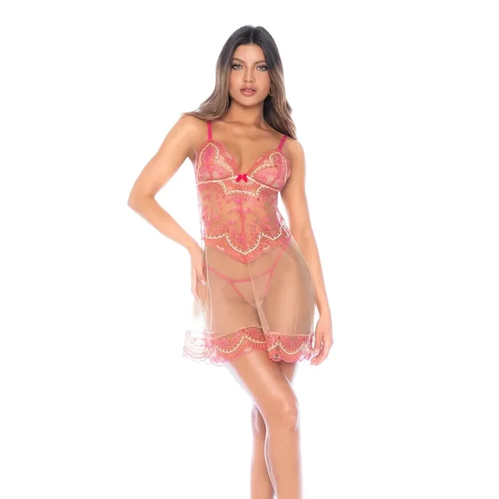 Mapale 2025 Embroidered Sheer Babydoll with G-String – Rose Whisper