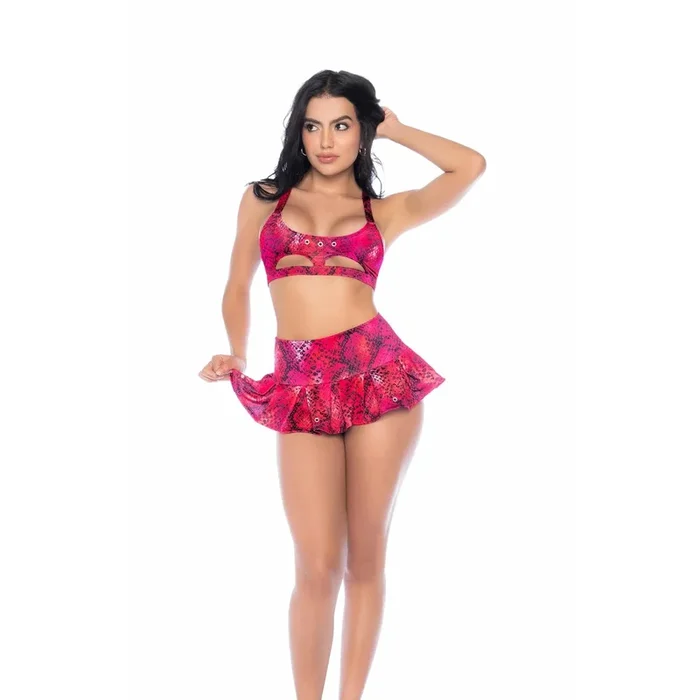 Mapale 2025 Volume II – Fuchsia Snake Print Two-Piece Set with Underboob Cut-Outs and Ruffle Mini Skirt