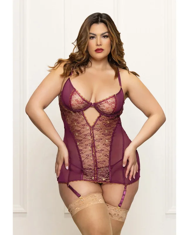 Metallic Lace with Mesh Gartered Chemise & Thong – Plum 1X/2X