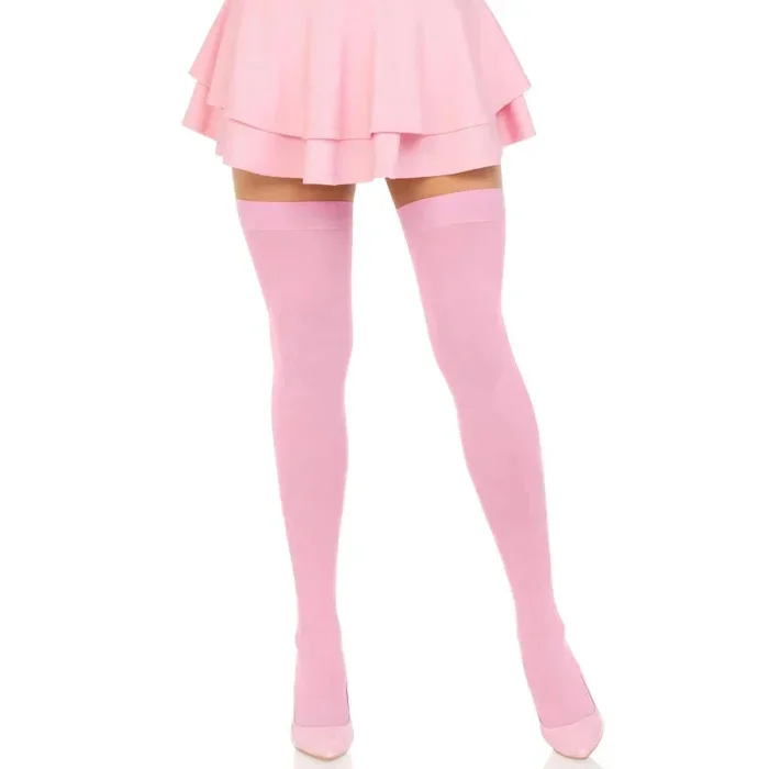 Opaque Nylon Thigh Highs – One Size – Pink