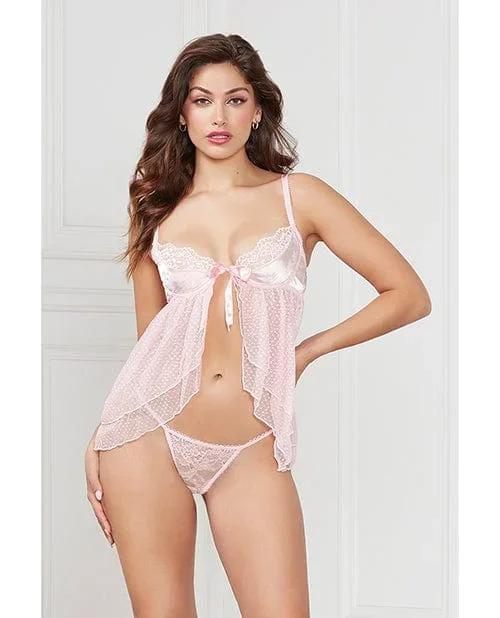 Satin Jacquard Dot Mesh Scallop Lace Babydoll & G-string Light Pink