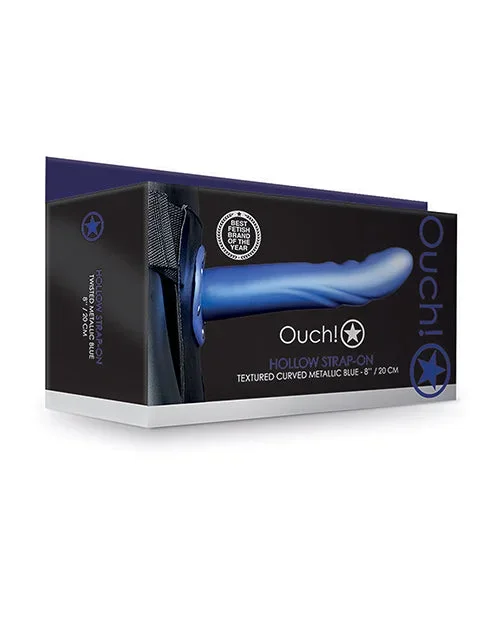 Shots Ouch 8″ Textured Curved Hollow Strap On – Metallic Blue