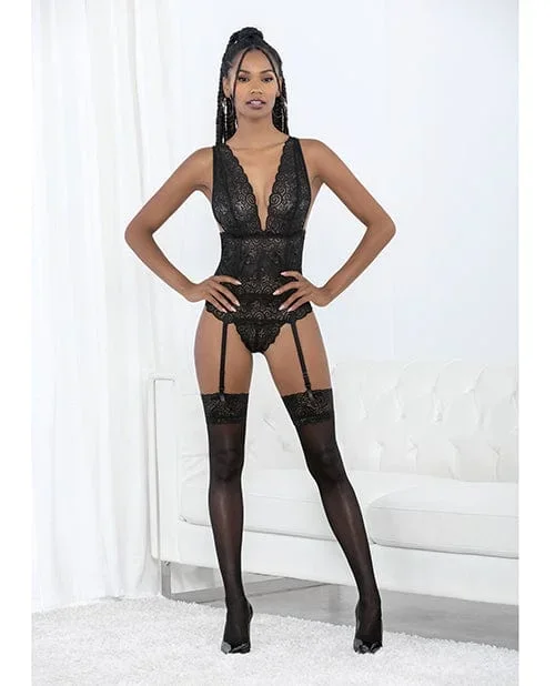 Swirl Lace Teddiette with lace Up Ribbon Back Black/hot Pink