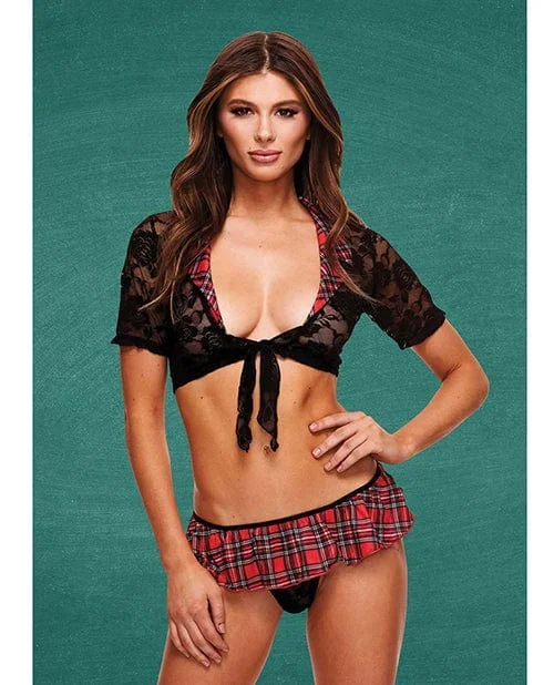 Teacher’s Pet Schoolgirl Lace Top, Tie & Skirt Black / red