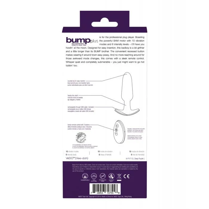 VeDO Bump Plus Rechargeable Remote Control Anal Vibe – Deep Purple