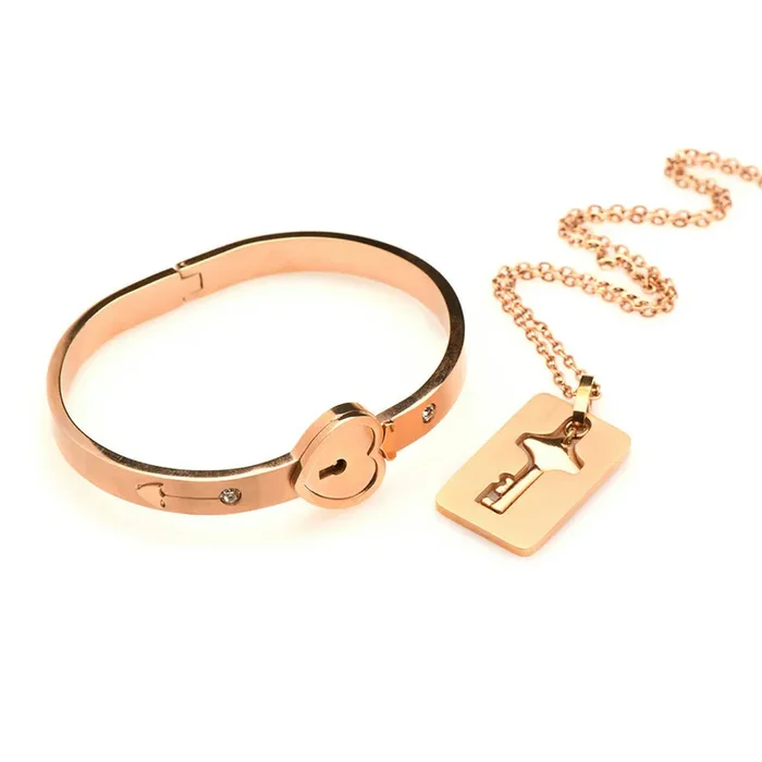 XR Brands Master Series Cuffed Rose Gold Locking Bracelet & Key Necklace