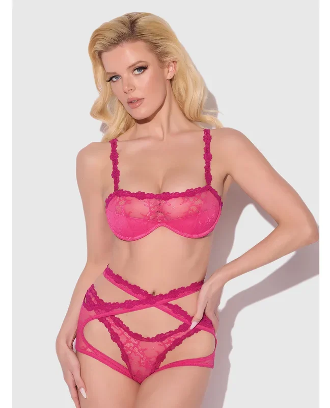 Yvone Lace Bra w/Removable Straps, Garter & Tanga Panty 3 pc Set – Pink XL