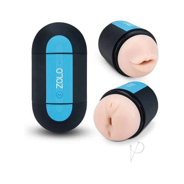Zolo Pleasure Pill Silicone Rechargeable Masturbator – Mouth And Anal – Black/Blue