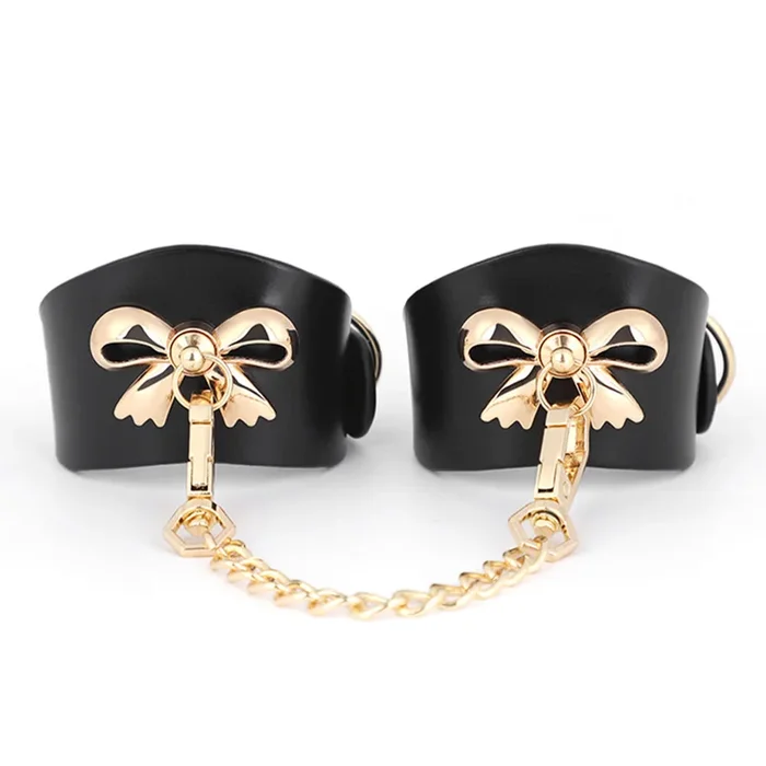 ZYL Genuine Leather Petite Wrist Cuffs With Gold Bow